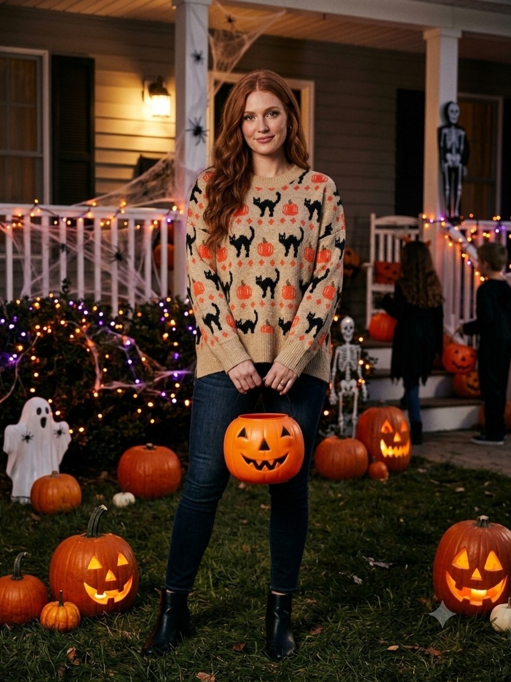 Vince Camuto Beige Crewneck Sweater with Black Cat & Orange Pumpkin Motif